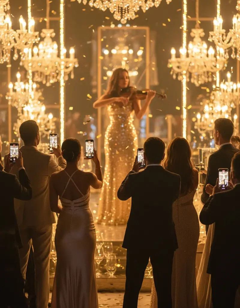 Guests filming a violinist at an evening reception in Dubai