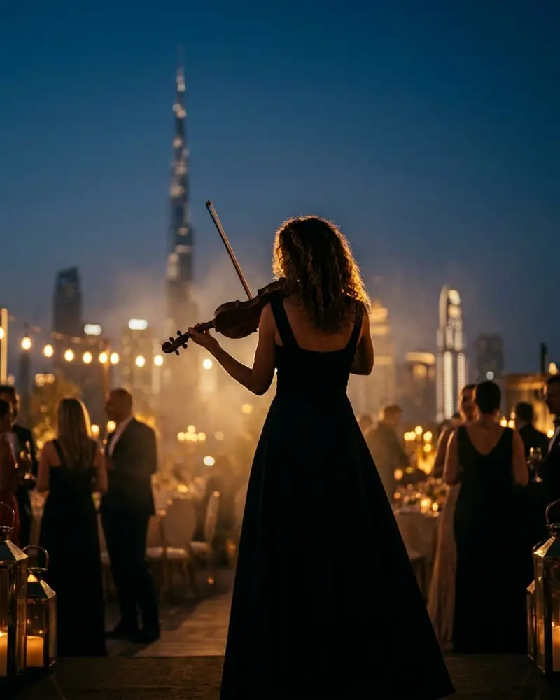 Violinist performing at a rooftop evening event in Dubai with the Burj Khalifa behind
